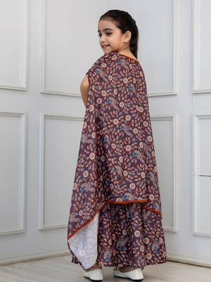 Cutiediva Girls Peacock print muslin top and skirt with shrug in brown ( Pack of 3 Girls Skirt Set ) 2