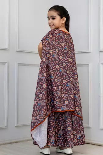 Cutiediva Girls Peacock print muslin top and skirt with shrug in brown ( Pack of 3 Girls Skirt Set )