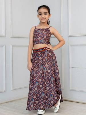 Cutiediva Girls Peacock print muslin top and skirt with shrug in brown ( Pack of 3 Girls Skirt Set ) 3