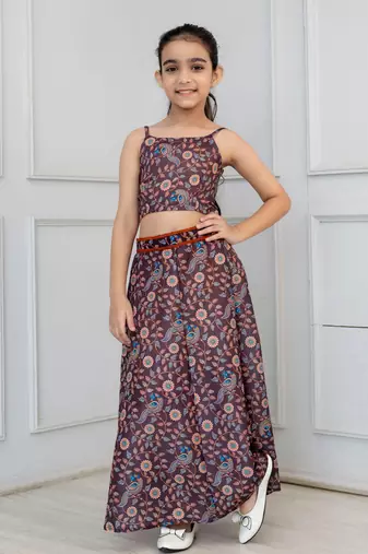 Cutiediva Girls Peacock print muslin top and skirt with shrug in brown ( Pack of 3 Girls Skirt Set )