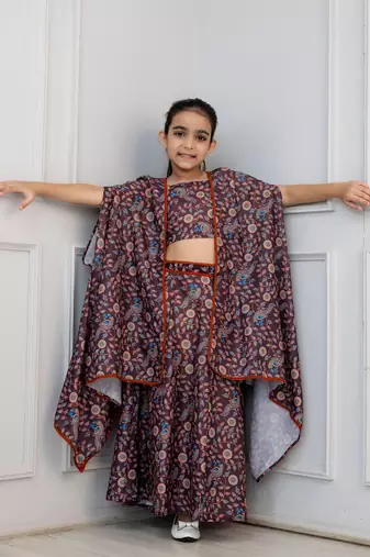 Cutiediva Girls Peacock print muslin top and skirt with shrug in brown ( Pack of 3 Girls Skirt Set )