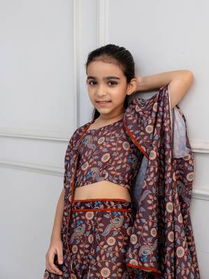 Cutiediva Girls Peacock print muslin top and skirt with shrug in brown ( Pack of 3 Girls Skirt Set ) 5