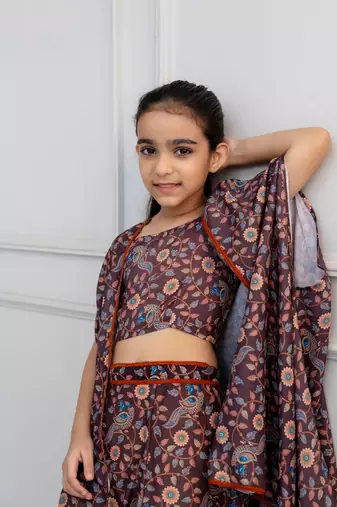 Cutiediva Girls Peacock print muslin top and skirt with shrug in brown ( Pack of 3 Girls Skirt Set )