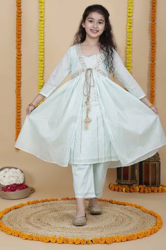 Girls cotton festive shrug with kurta and pant set