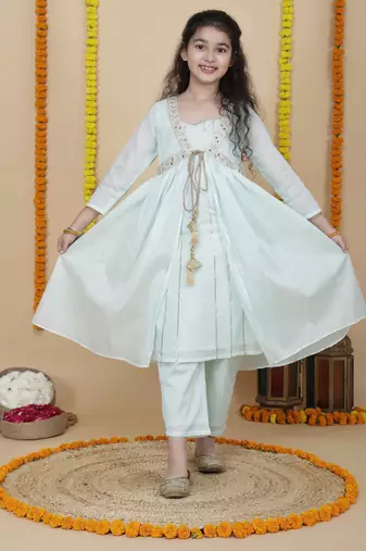Girls cotton festive shrug with kurta and pant set