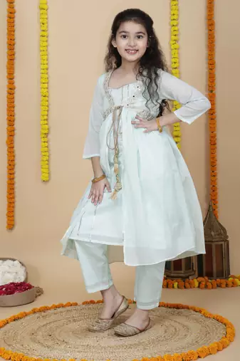 Girls cotton festive shrug with kurta and pant set