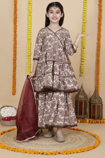 Cutiediva Girls festive printed angrakha kurta & sharara set ( pack of 3 )