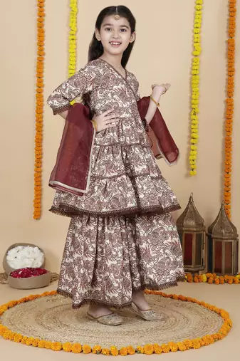 Cutiediva Girls festive printed angrakha kurta & sharara set ( pack of 3 )