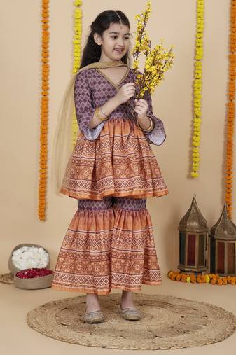 Cutiediva Girls wedding wear angrakha kurta & sharara set ( pack of 3 )