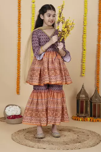 Cutiediva Girls wedding wear angrakha kurta & sharara set ( pack of 3 )