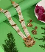 Rani & green color long matte gold rajwadi temple necklace set