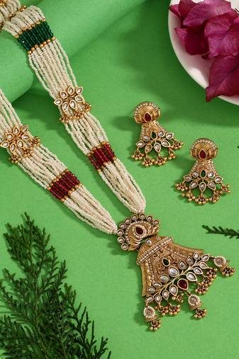 Rani & green color long matte gold rajwadi temple necklace set