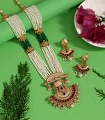 Rani & green color meena work long matte gold rajwadi temple necklace set