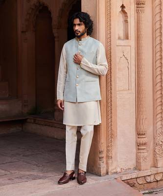 Aqua blue hand embroidered work silk jacquard basit nehru jacket set 1