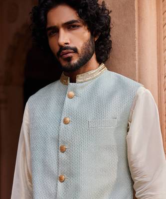 Aqua blue hand embroidered work silk jacquard basit nehru jacket set 2