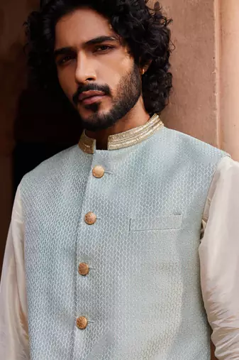 Aqua blue hand embroidered work silk jacquard basit nehru jacket set