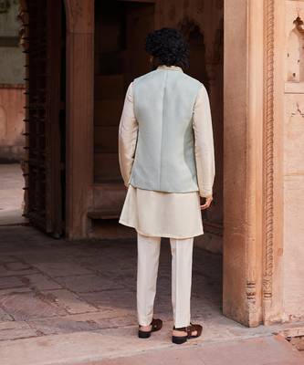 Aqua blue hand embroidered work silk jacquard basit nehru jacket set 3
