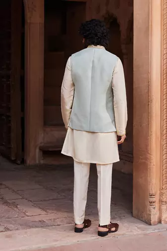 Aqua blue hand embroidered work silk jacquard basit nehru jacket set