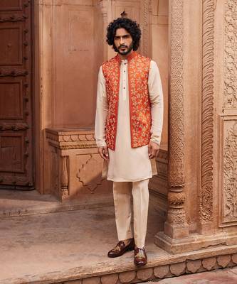 Rust orange hand & machine embroidery work linen silk rust floral nehru jacket set 1