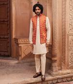 Rust orange hand & machine embroidery work linen silk rust floral nehru jacket set