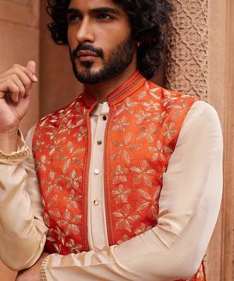 Rust orange hand & machine embroidery work linen silk rust floral nehru jacket set 2