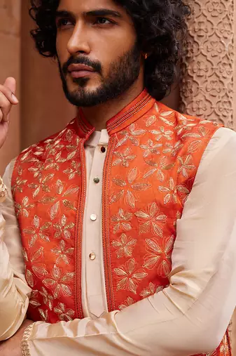 Rust orange hand & machine embroidery work linen silk rust floral nehru jacket set