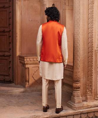 Rust orange hand & machine embroidery work linen silk rust floral nehru jacket set 3