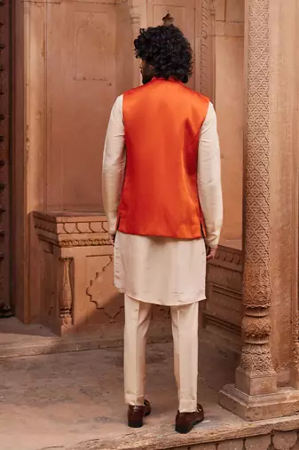 Rust orange hand & machine embroidery work linen silk rust floral nehru jacket set
