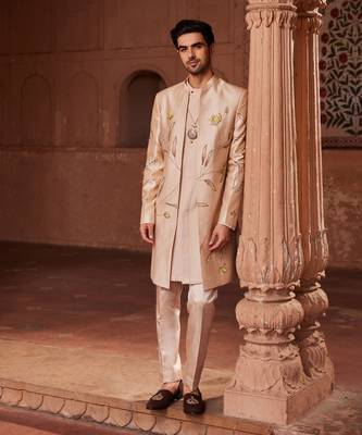Beige hand paint & hand embroidered work pure silk bageecha open sherwani set 1