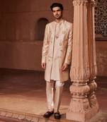 Beige hand paint & hand embroidered work pure silk bageecha open sherwani set