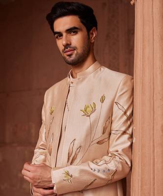 Beige hand paint & hand embroidered work pure silk bageecha open sherwani set 2