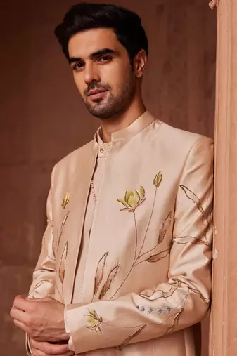 Beige hand paint & hand embroidered work pure silk bageecha open sherwani set