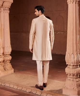 Beige hand paint & hand embroidered work pure silk bageecha open sherwani set 3