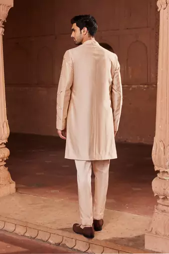 Beige hand paint & hand embroidered work pure silk bageecha open sherwani set