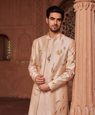 Beige hand paint & hand embroidered work pure silk bageecha open sherwani set 4
