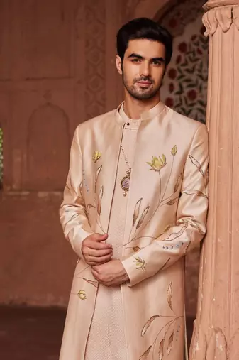 Beige hand paint & hand embroidered work pure silk bageecha open sherwani set