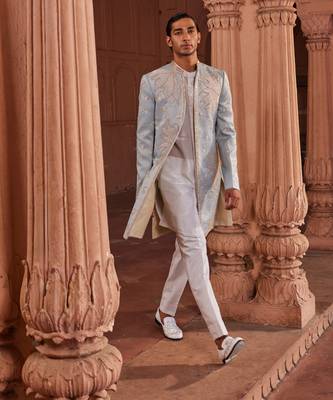 Aqua blue hand & machine embroidery work jacquard silk elaya open sherwani set 1