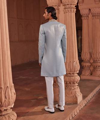 Aqua blue hand & machine embroidery work jacquard silk elaya open sherwani set 2