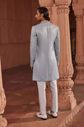 Aqua blue hand & machine embroidery work jacquard silk elaya open sherwani set