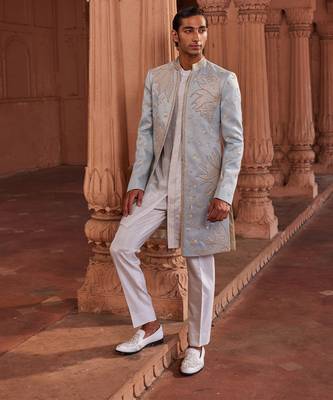 Aqua blue hand & machine embroidery work jacquard silk elaya open sherwani set 3