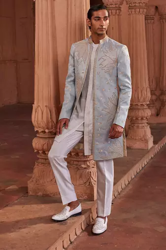Aqua blue hand & machine embroidery work jacquard silk elaya open sherwani set