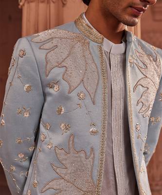 Aqua blue hand & machine embroidery work jacquard silk elaya open sherwani set 4