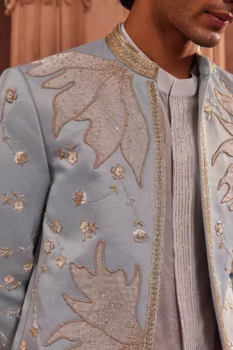 Aqua blue hand & machine embroidery work jacquard silk elaya open sherwani set