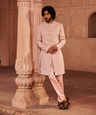 Pink hand embroidered work silk jacquard basit sherwani set 1
