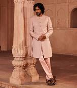 Pink hand embroidered work silk jacquard basit sherwani set