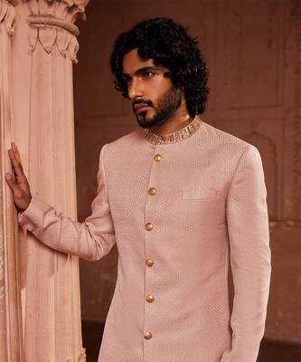 Pink hand embroidered work silk jacquard basit sherwani set 2