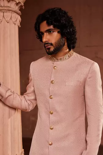 Pink hand embroidered work silk jacquard basit sherwani set