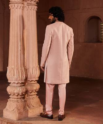 Pink hand embroidered work silk jacquard basit sherwani set 3