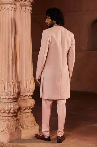 Pink hand embroidered work silk jacquard basit sherwani set