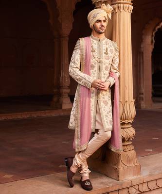 Beige hand & machine embroidery work silk jacquard gulzaar sherwani set 1